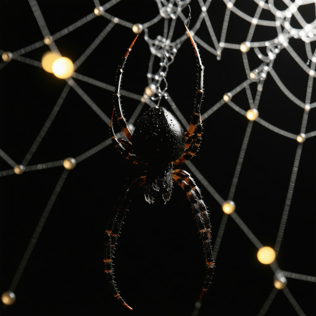 Black spider weaving a complex web glowing softly on a dark background representing spiritual symbolism in dreams