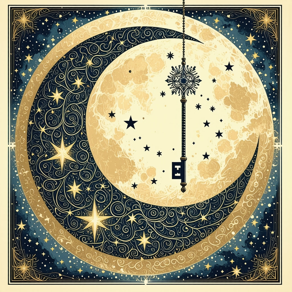 Intricate Islamic calligraphy with symbolic elements of moon and stars representing dream interpretation