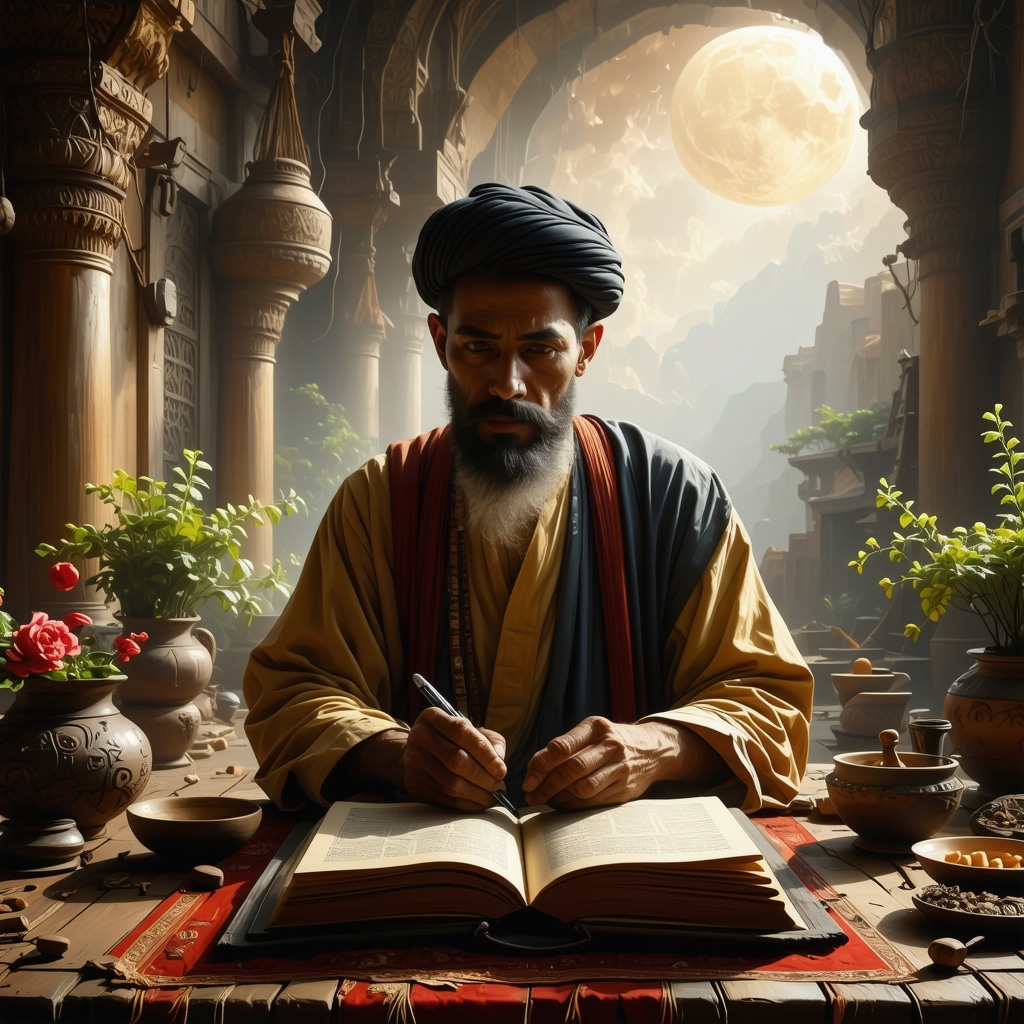 Islamic scholar studying dream interpretation with combined spiritual and psychological elements