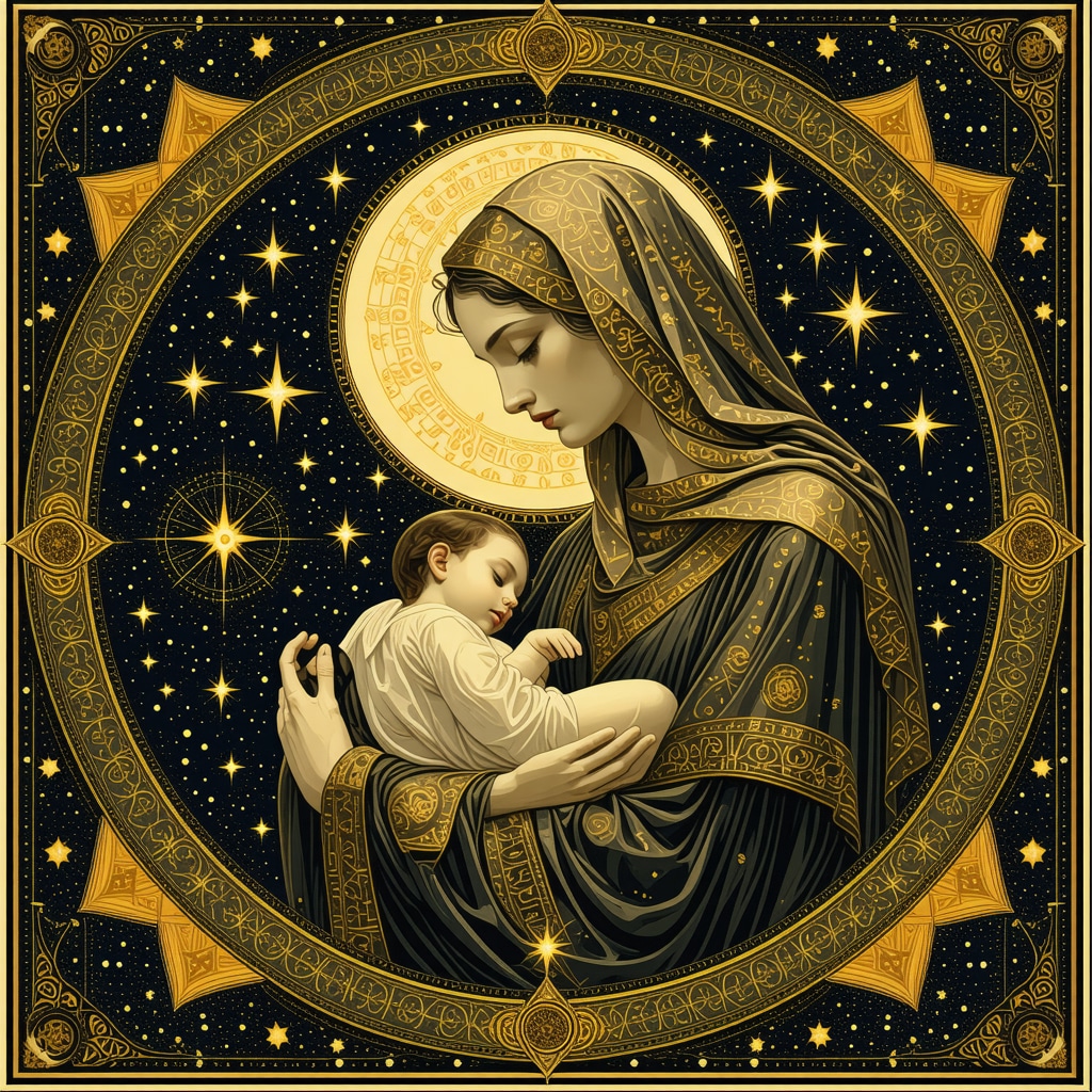 Artistic Islamic geometric pattern incorporating mother breastfeeding baby symbol and spiritual motifs