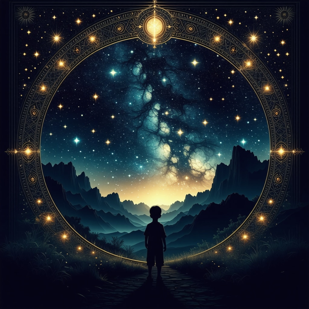 Islamic geometric pattern overlaying night sky with child silhouette representing spiritual dream interpretation