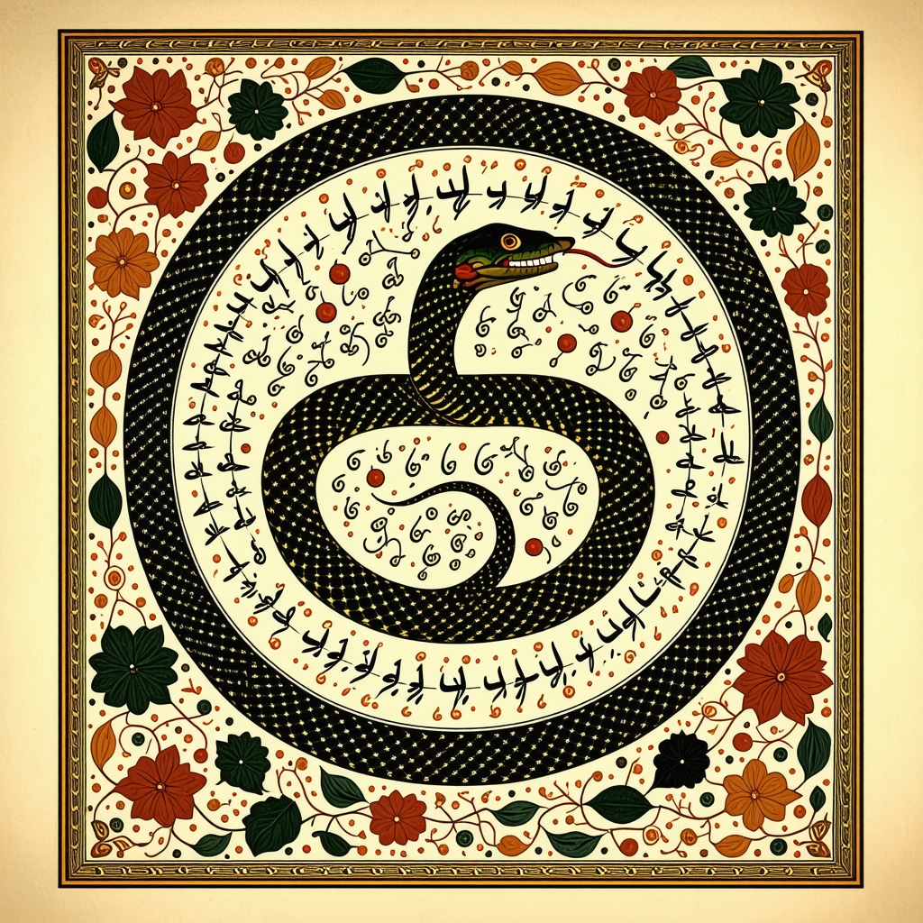 An artistic depiction of snake bite dream interpretation in Islamic tradition with symbolic colors and calligraphy