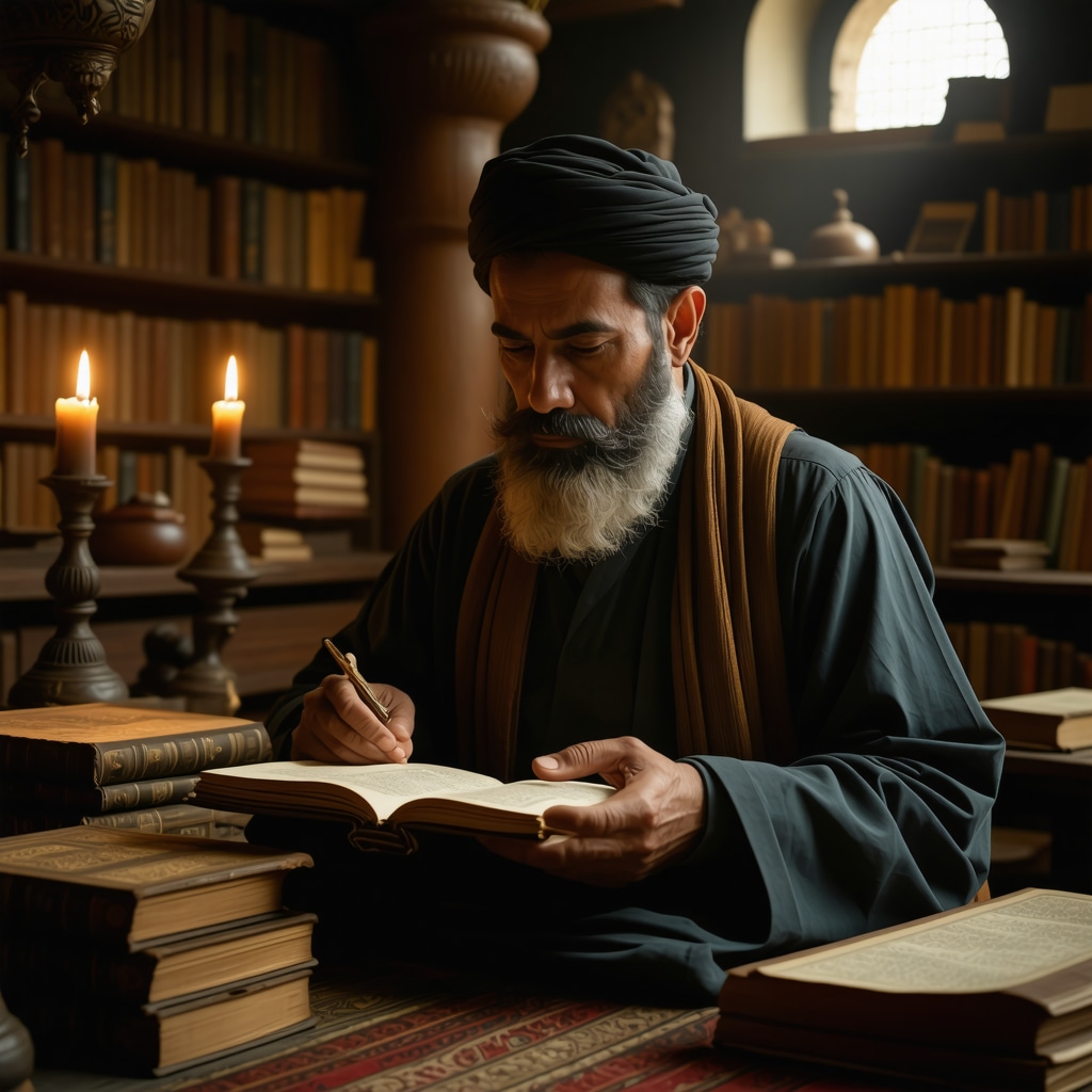 Islamic scholar reading ancient manuscripts on dream interpretation in a candlelit study