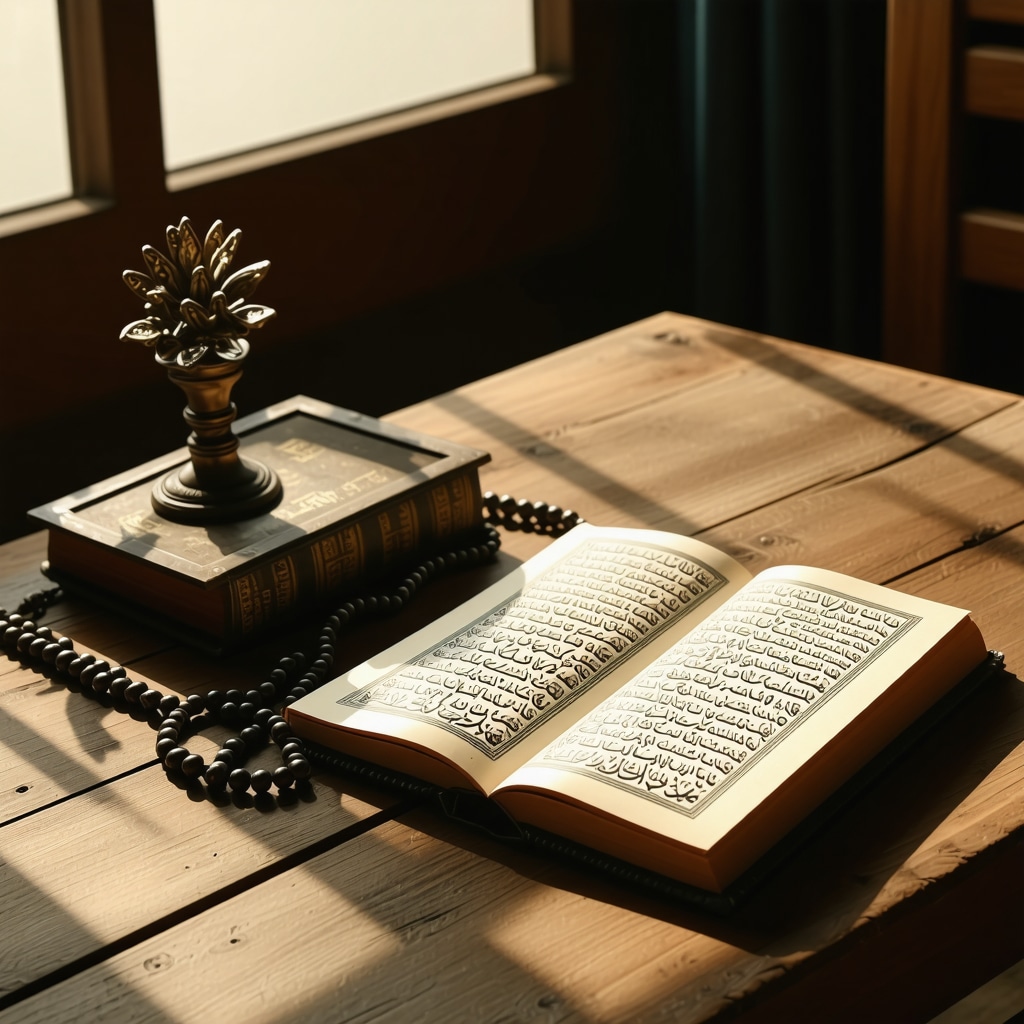 Study room with Quran, prayer beads, and Islamic calligraphy symbolizing spiritual dream interpretation