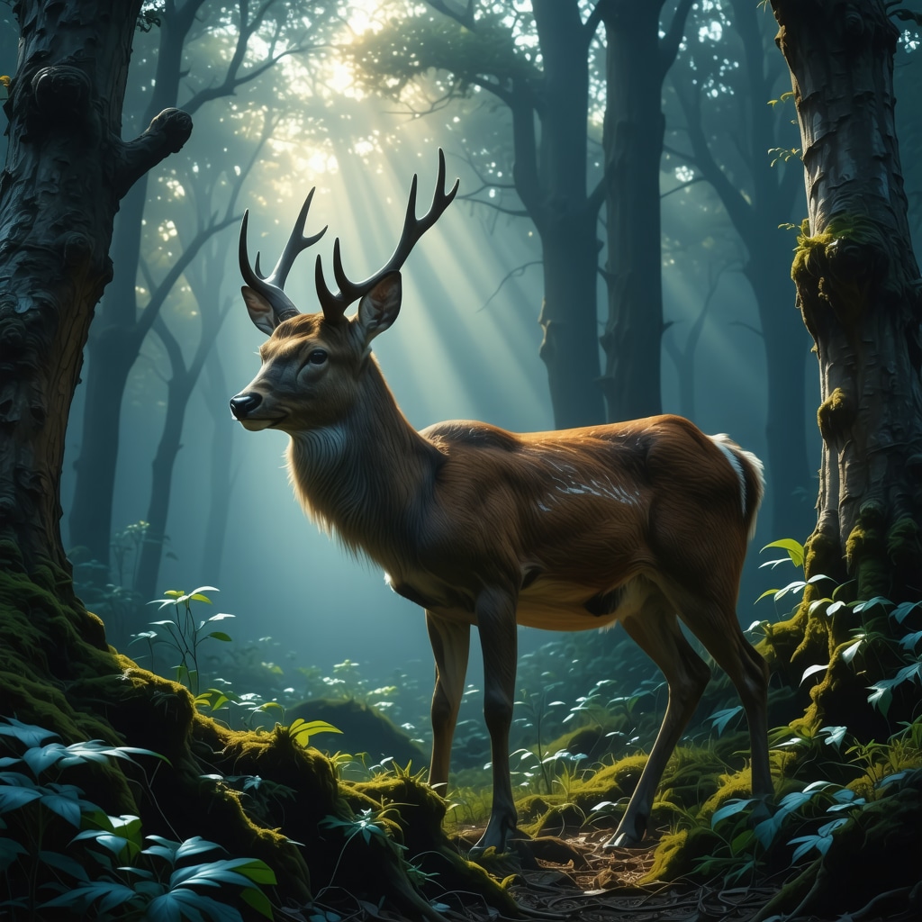 A majestic deer glowing softly in a mystical forest representing spiritual awakening and inner peace