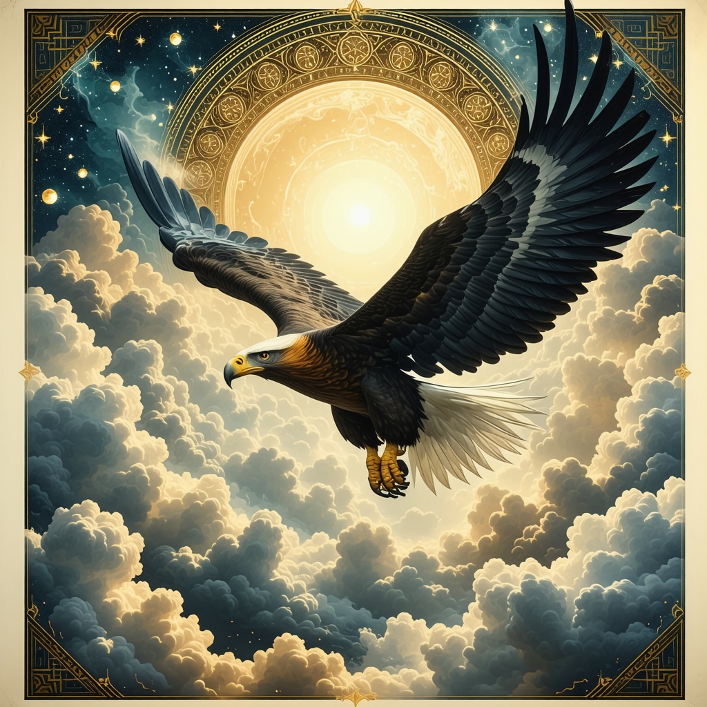 Majestic eagle soaring above clouds with Islamic geometric patterns