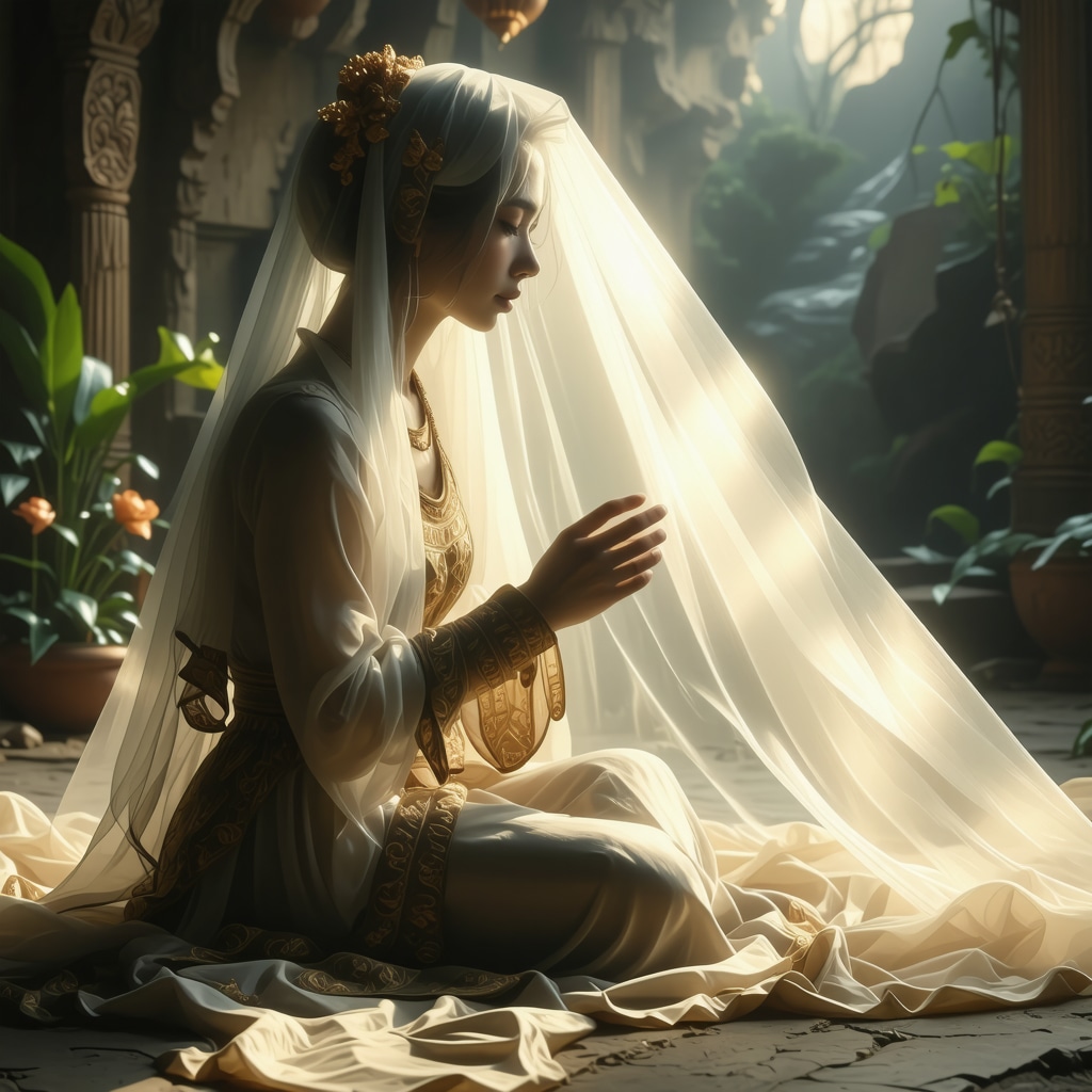 Woman in Islamic attire contemplating a glowing bridal veil symbolizing spiritual dream interpretation