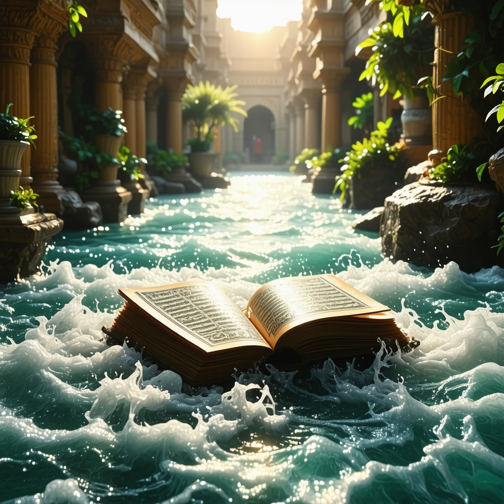 Clear flowing water next to Islamic manuscripts with radiant spiritual light symbolizing enlightenment
