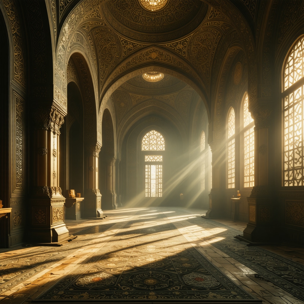 Interior of a mosque with golden light, geometric patterns and Arabic calligraphy symbolizing spirituality