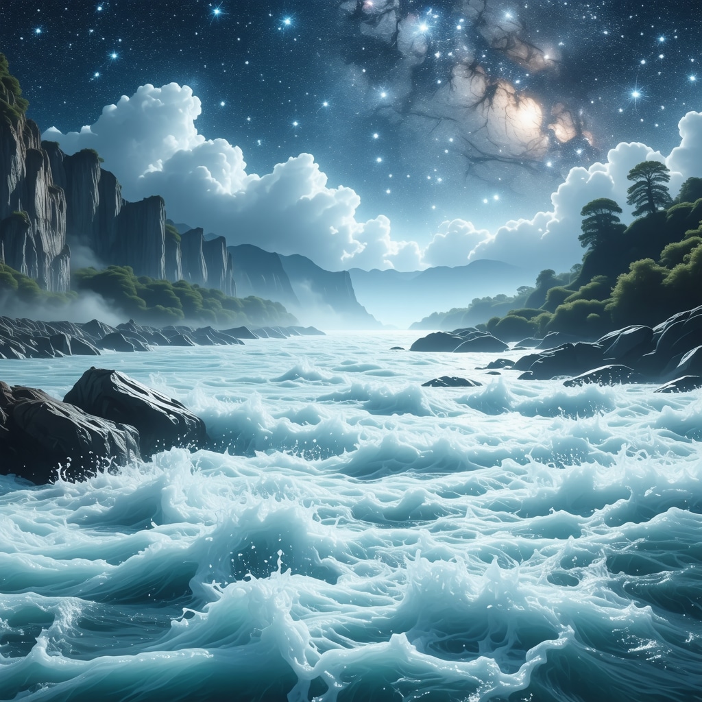 A mystical dream scene with flowing white milk merging into a river under stars, representing spiritual and emotional nourishment
