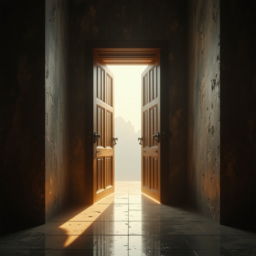 Bright and spacious prison cell with open door and light symbolizing spiritual liberation in Islamic dream interpretation