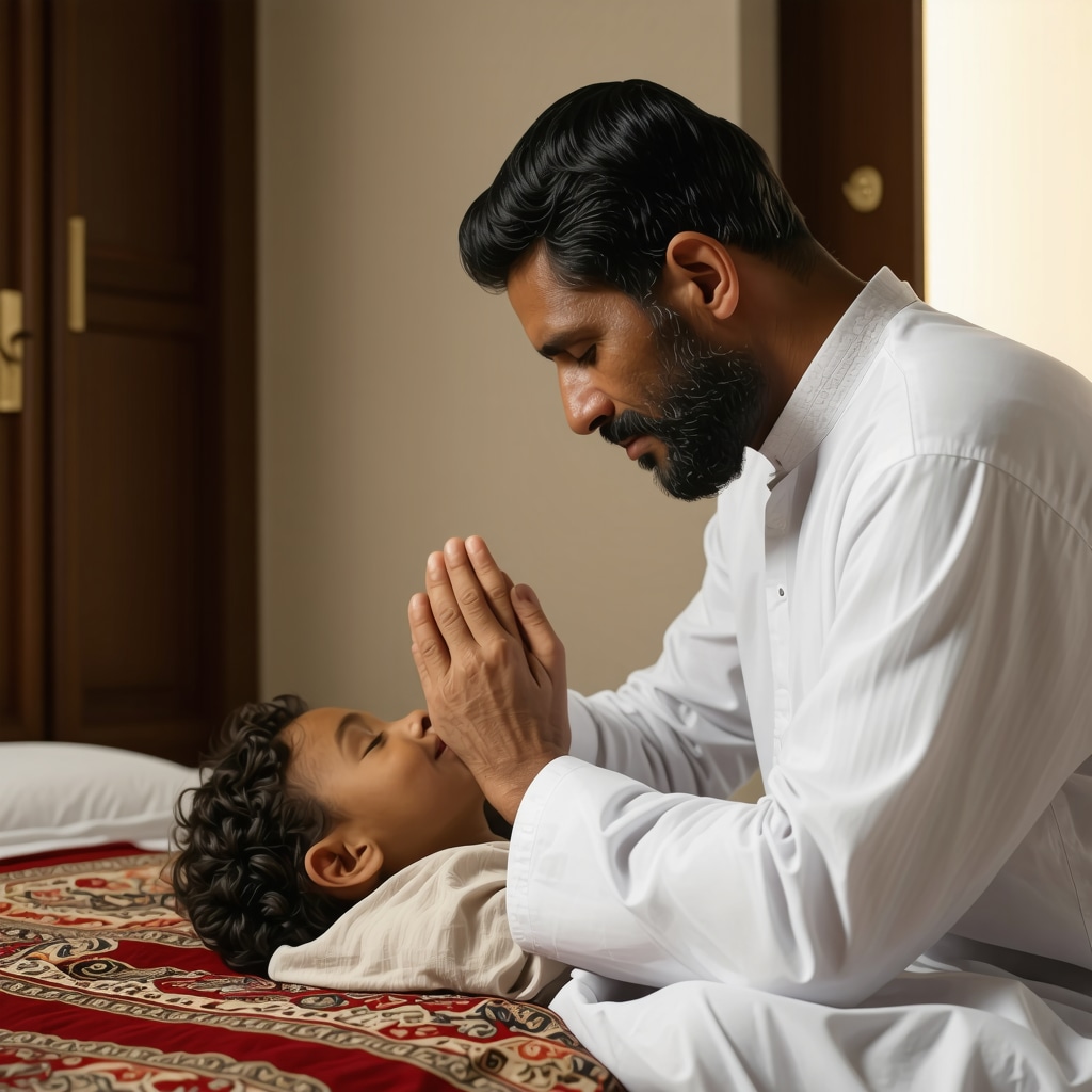 Father praying over sleeping son in traditional Islamic setting, symbolizing protection