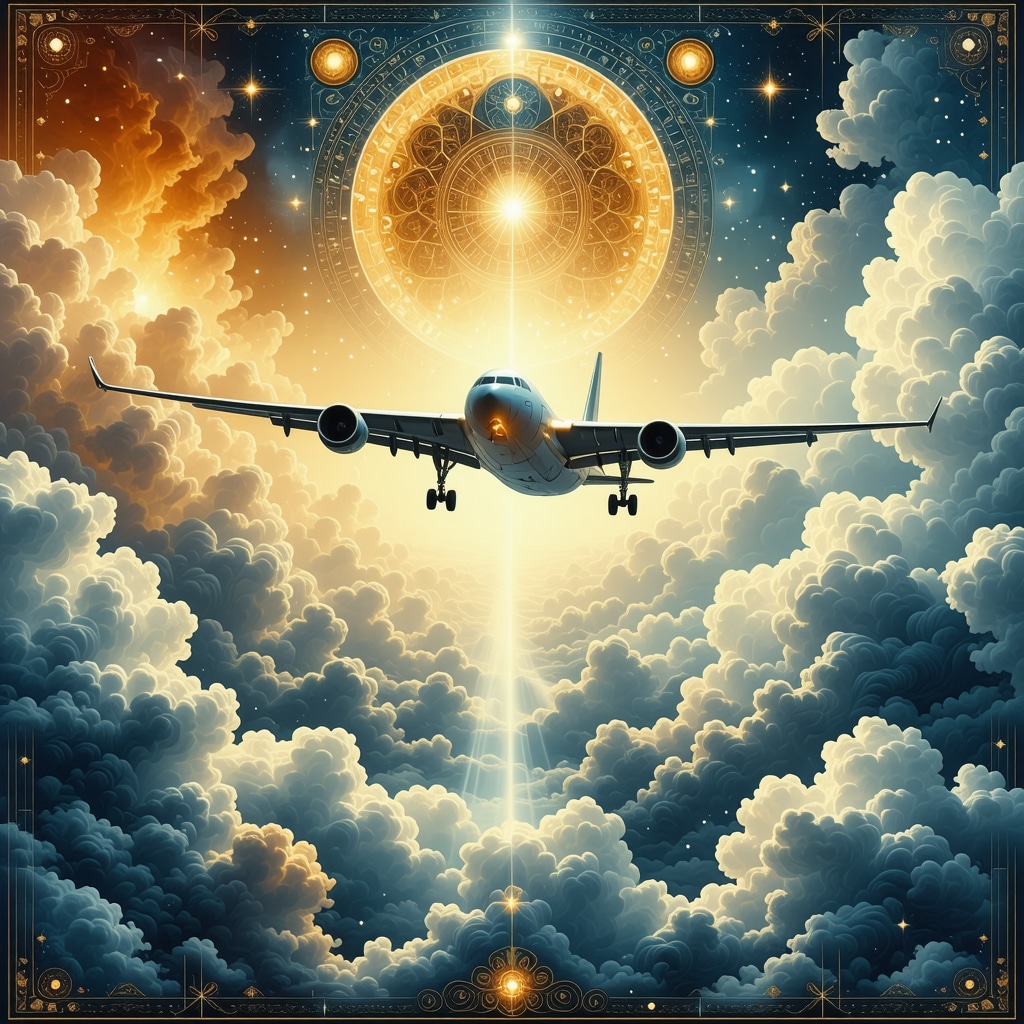 Illustration of airplane flying above turbulent clouds with Islamic geometric patterns symbolizing spiritual and psychological insights