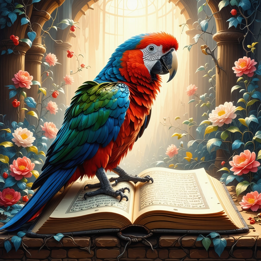 Colorful parrot perched on an open Quran with spiritual motifs symbolizing Islamic dream interpretation