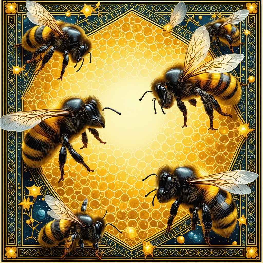 Artistic image showing black, yellow, and golden bees flying around a honeycomb with Islamic motifs and Quranic verses