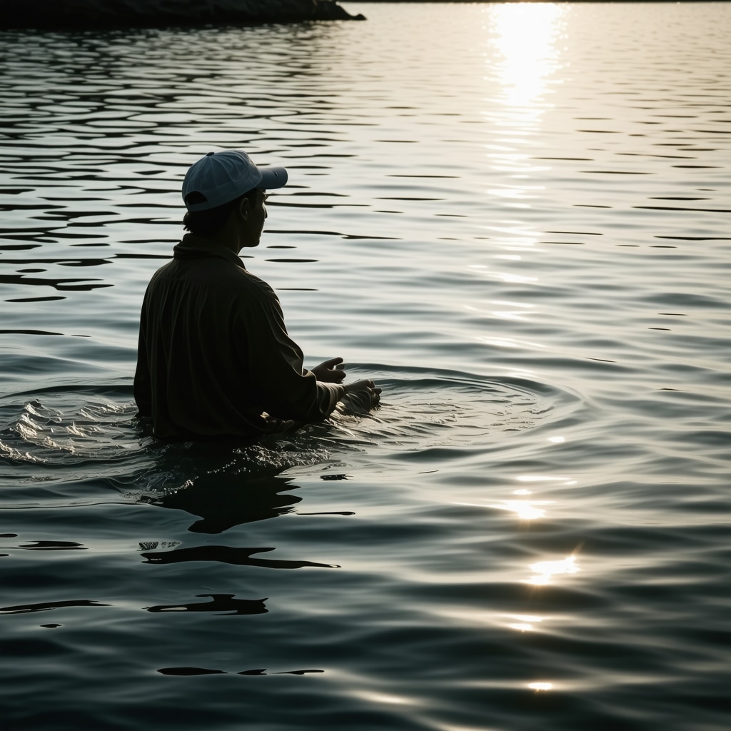 Person swimming peacefully in calm water with spiritual light symbolizing introspection and spirituality