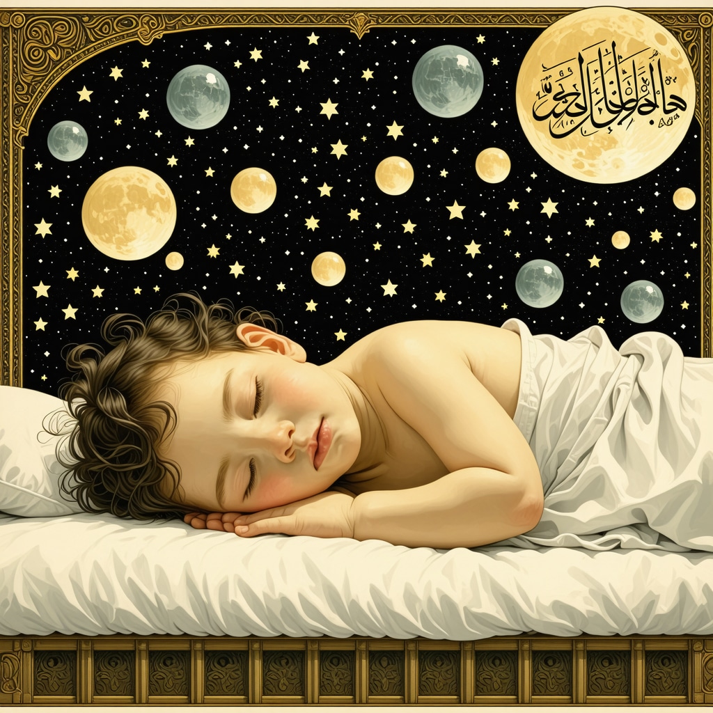 Illustration blending Islamic calligraphy and psychological symbols around a sleeping person dreaming of a baby