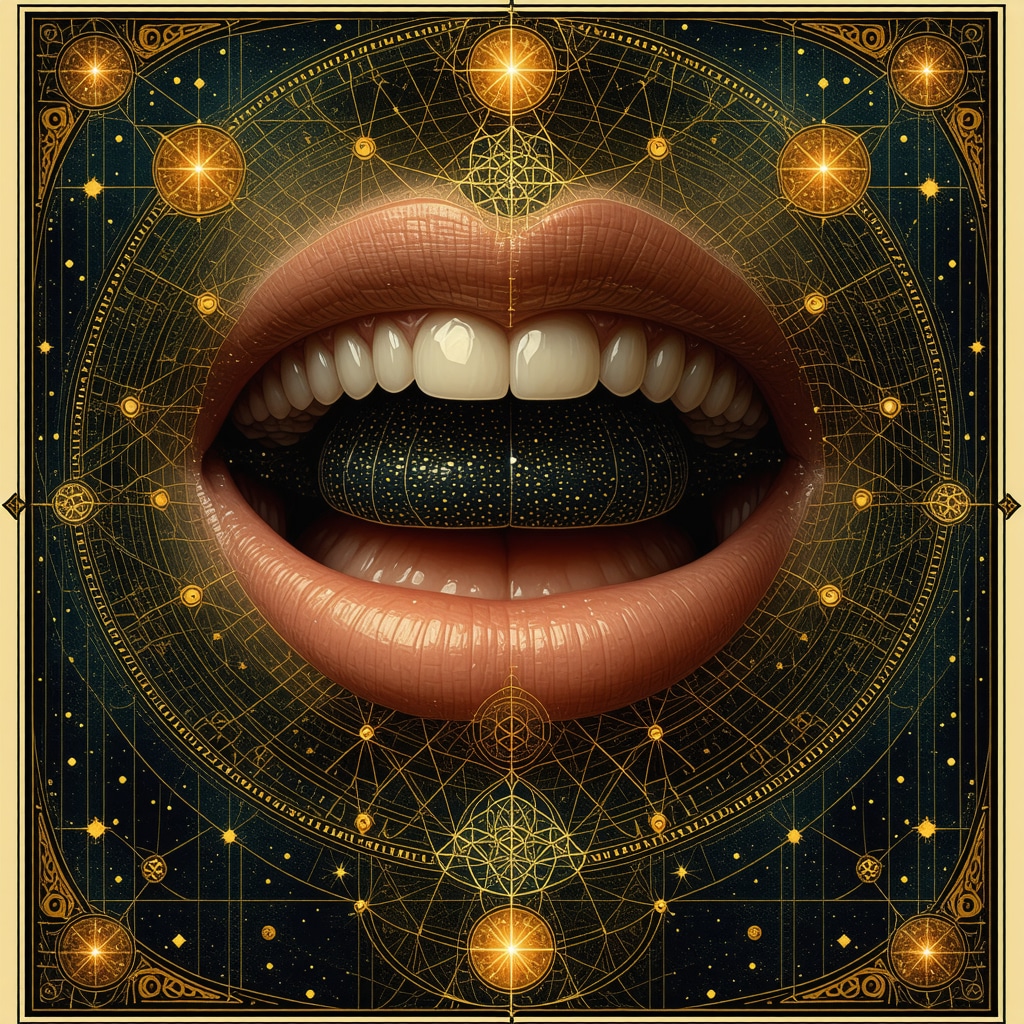Illustration of teeth symbolism with Islamic geometric patterns representing spiritual and psychological layers
