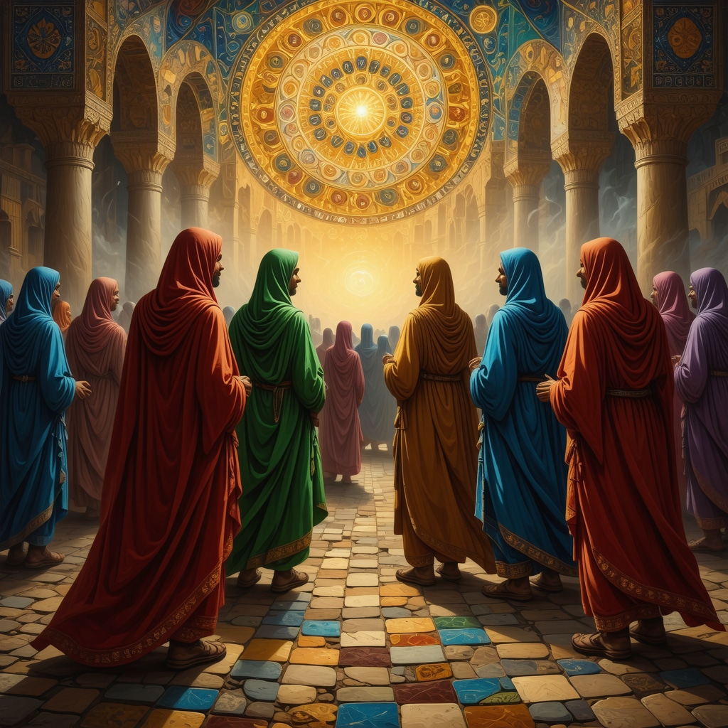 Symbolic dream depiction with colorful Romani figures and Islamic geometric motifs