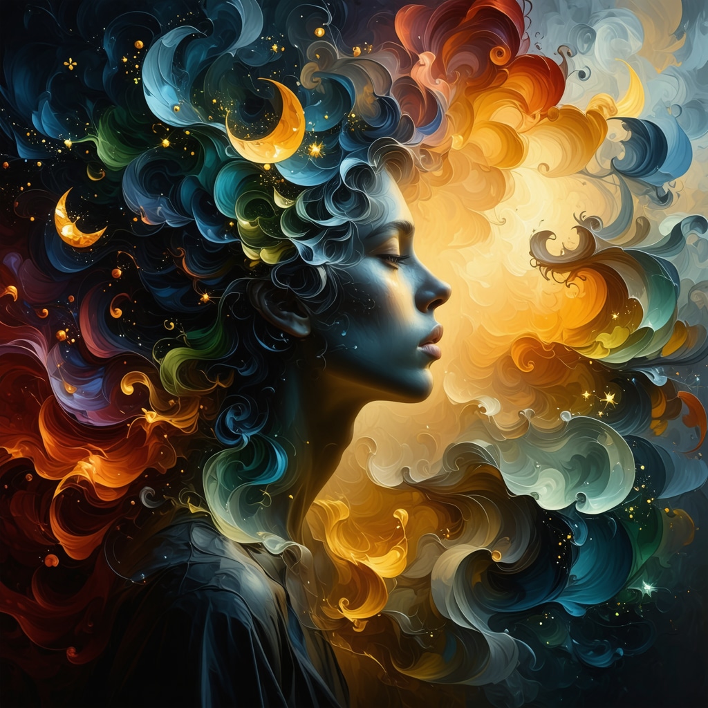 Person with color-changing hair surrounded by Islamic calligraphy symbolizing dream interpretation and spiritual change
