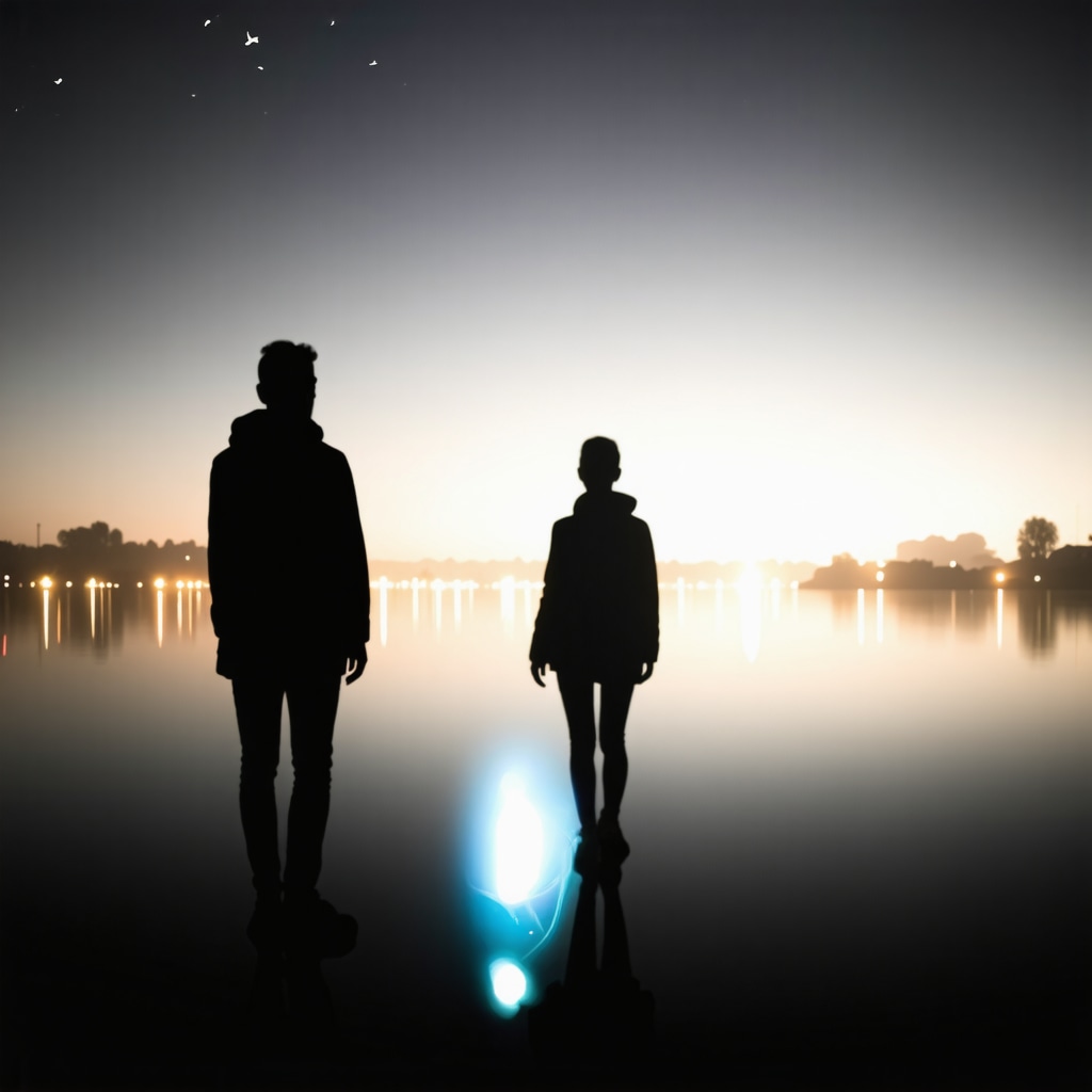 Silhouette of a person meeting a blurred figure symbolizing a past acquaintance in a dream-like night setting