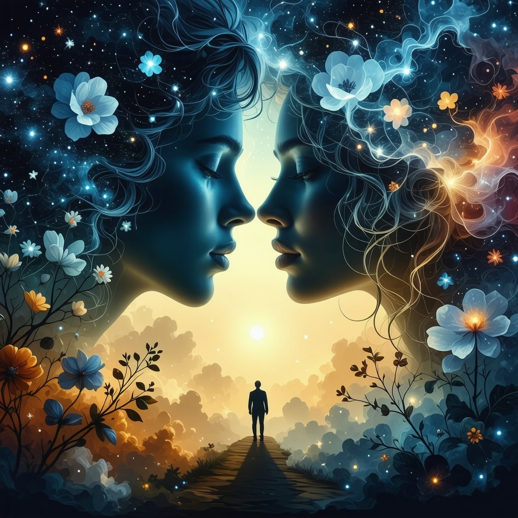 Abstract dream illustration symbolizing spiritual and emotional connection with a subtle kiss motif