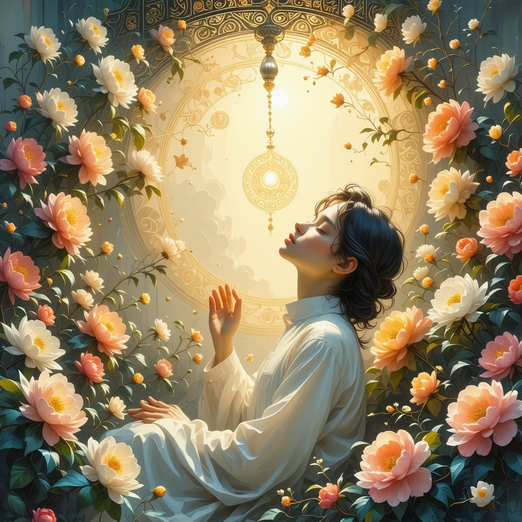 Person dreaming peacefully with vibrant blooming flowers and spiritual symbols in an Islamic artistic style