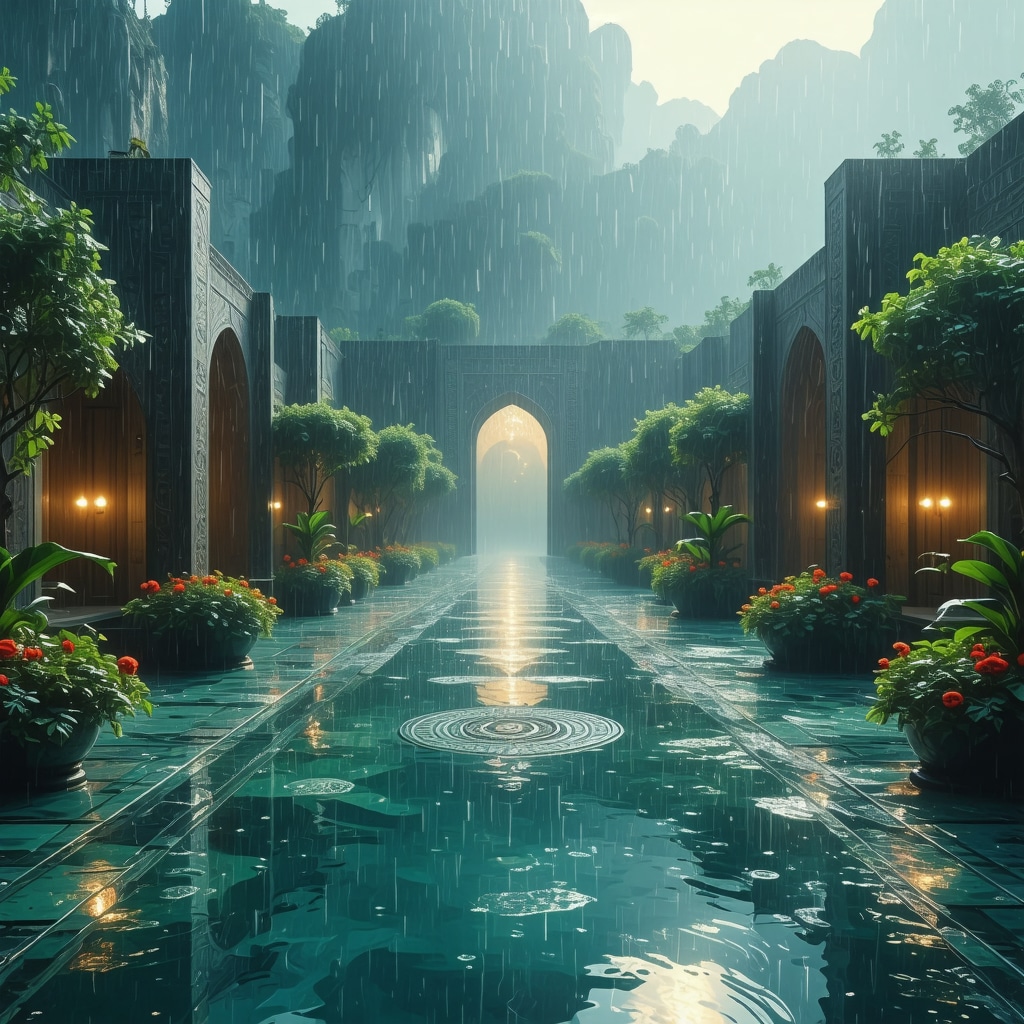 Dreamscape with gentle rain falling over Islamic garden representing spiritual and emotional cleansing in dreams