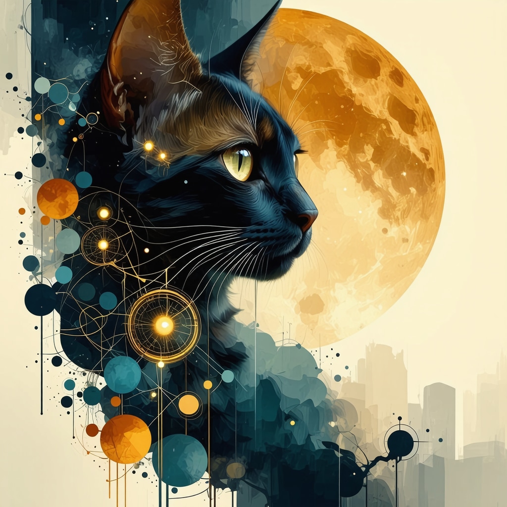 Abstract image showing a mystical cat with neural and spiritual motifs symbolizing the integration of Islamic dream interpretation and modern psychology