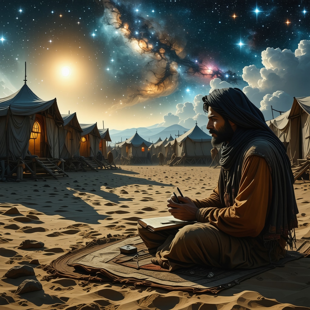 Illustration of Islamic and modern psychological dream analysis with nomadic and spiritual symbols