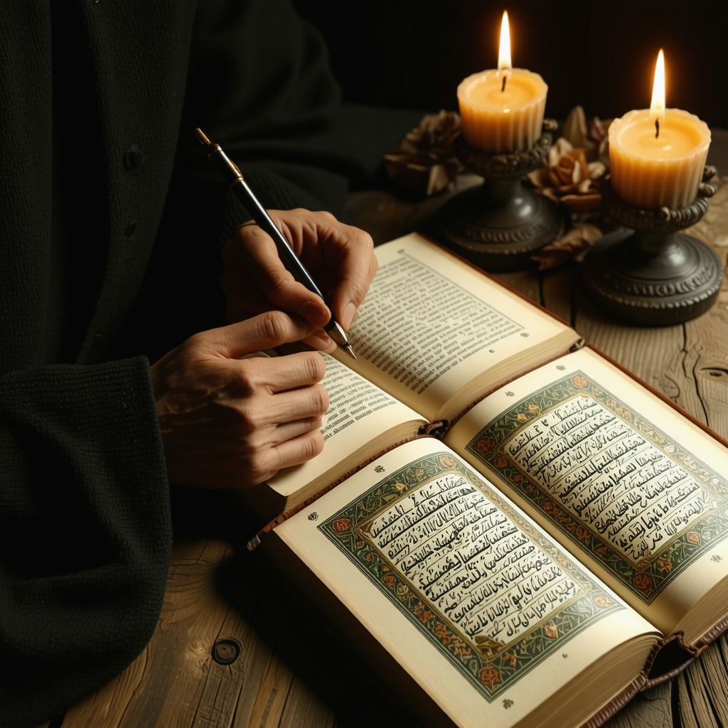 Person journaling with Islamic manuscript and Quran symbolizing Islamic dream interpretation and psychology
