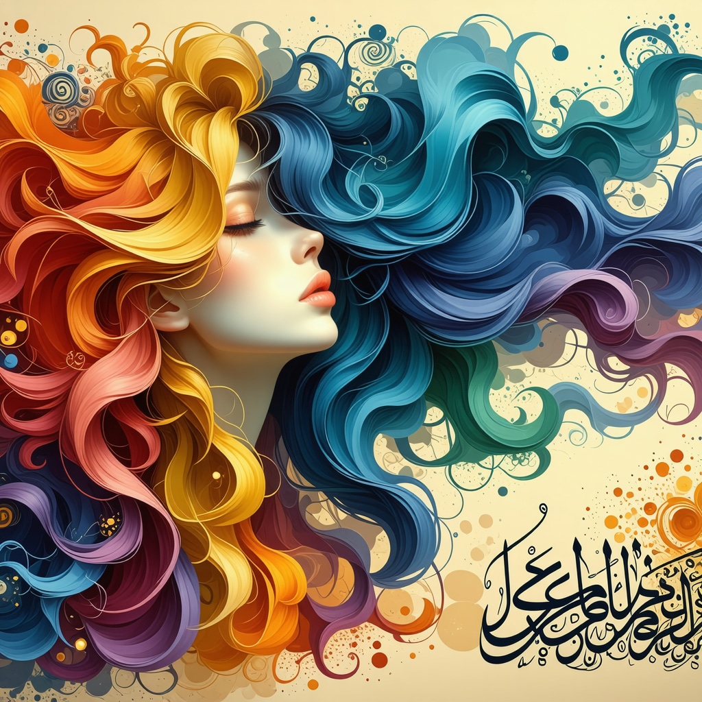 Artistic Islamic calligraphy background merged with colored hair strands symbolizing dream interpretation of hair dyeing