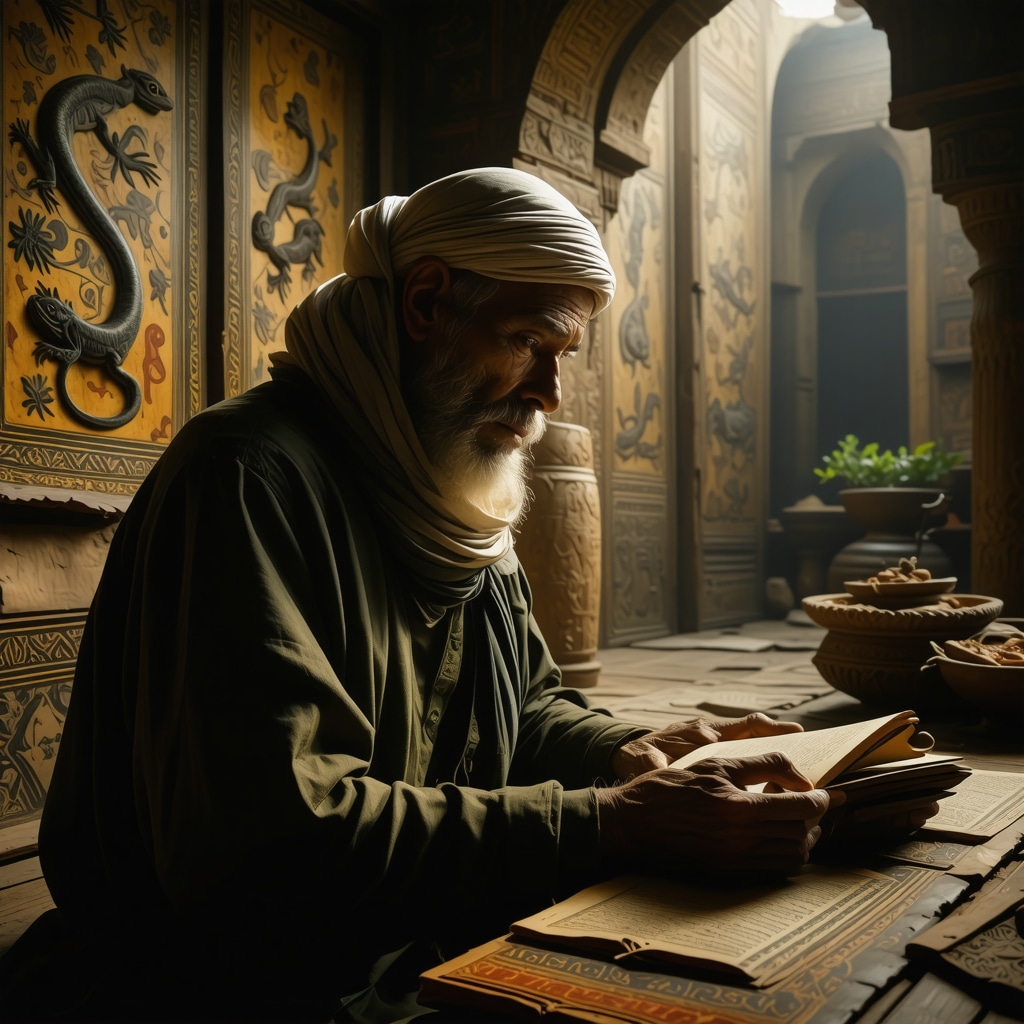 Muslim scholar analyzing Islamic dream symbols including lizards in ancient manuscripts