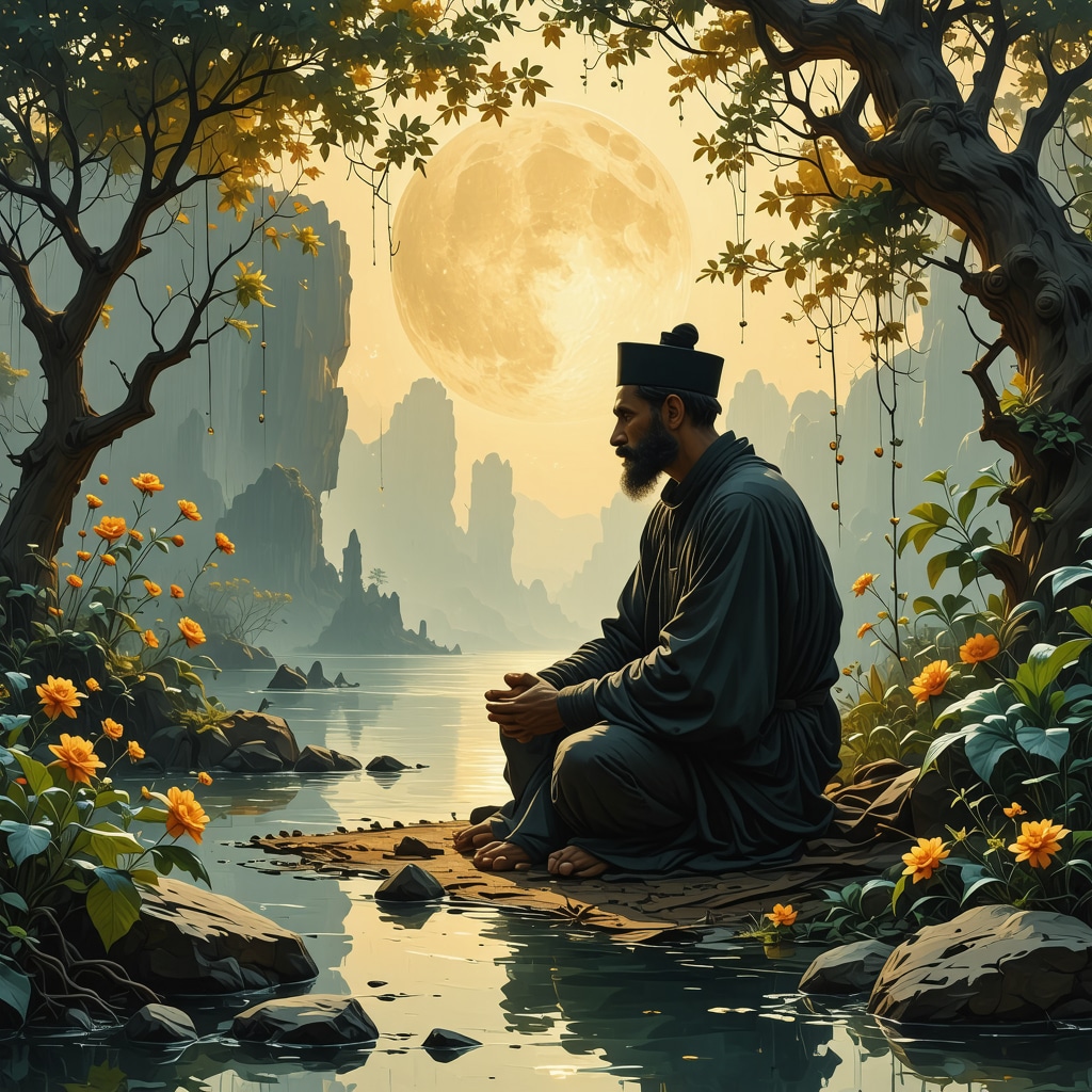 Symbolic depiction of a brother in Islamic dream interpretation bridging inner self and spiritual realms with Arabic calligraphy and nature elements