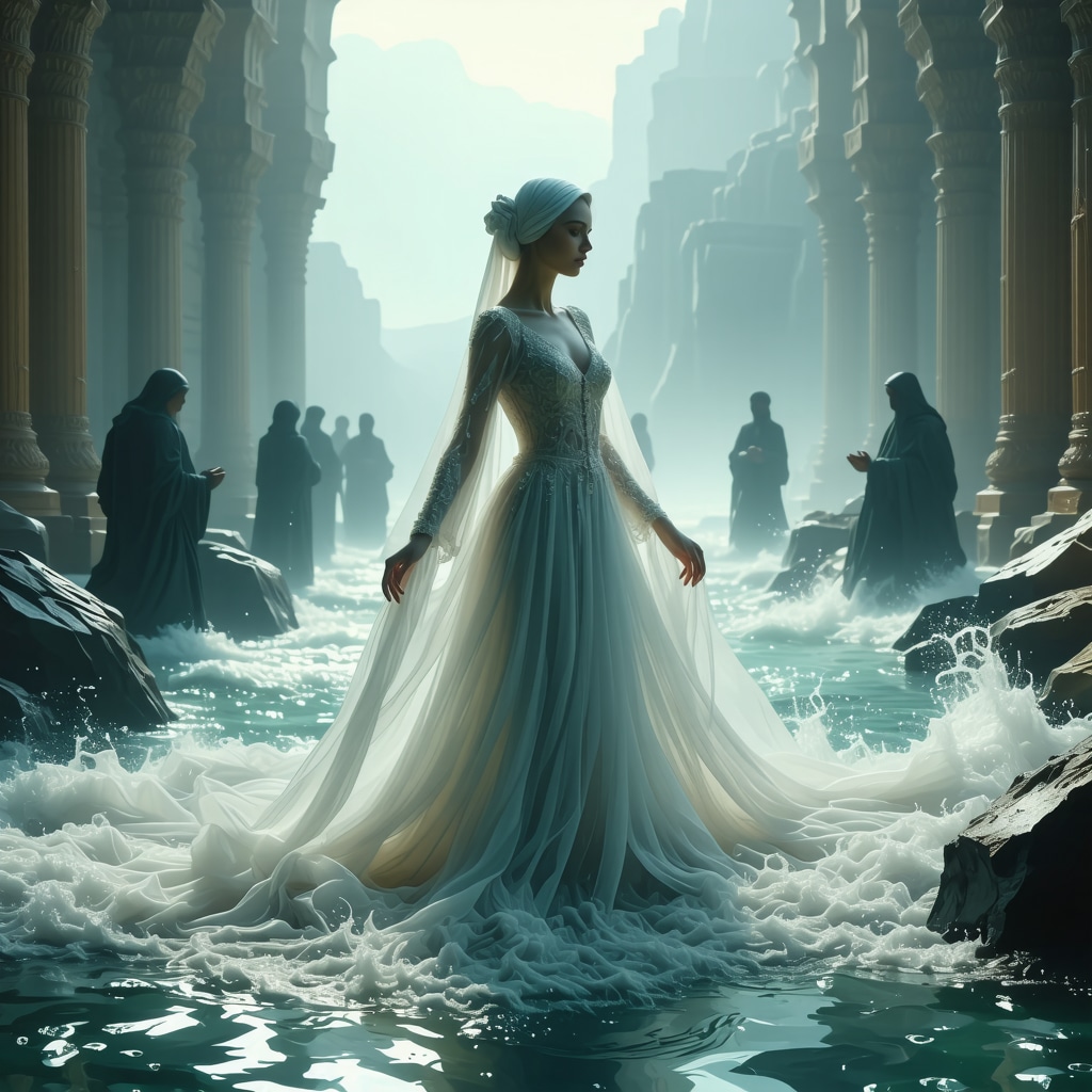 A bride in a glowing white gown surrounded by water streams and shadowy figures symbolizing spiritual depth in an Islamic dream