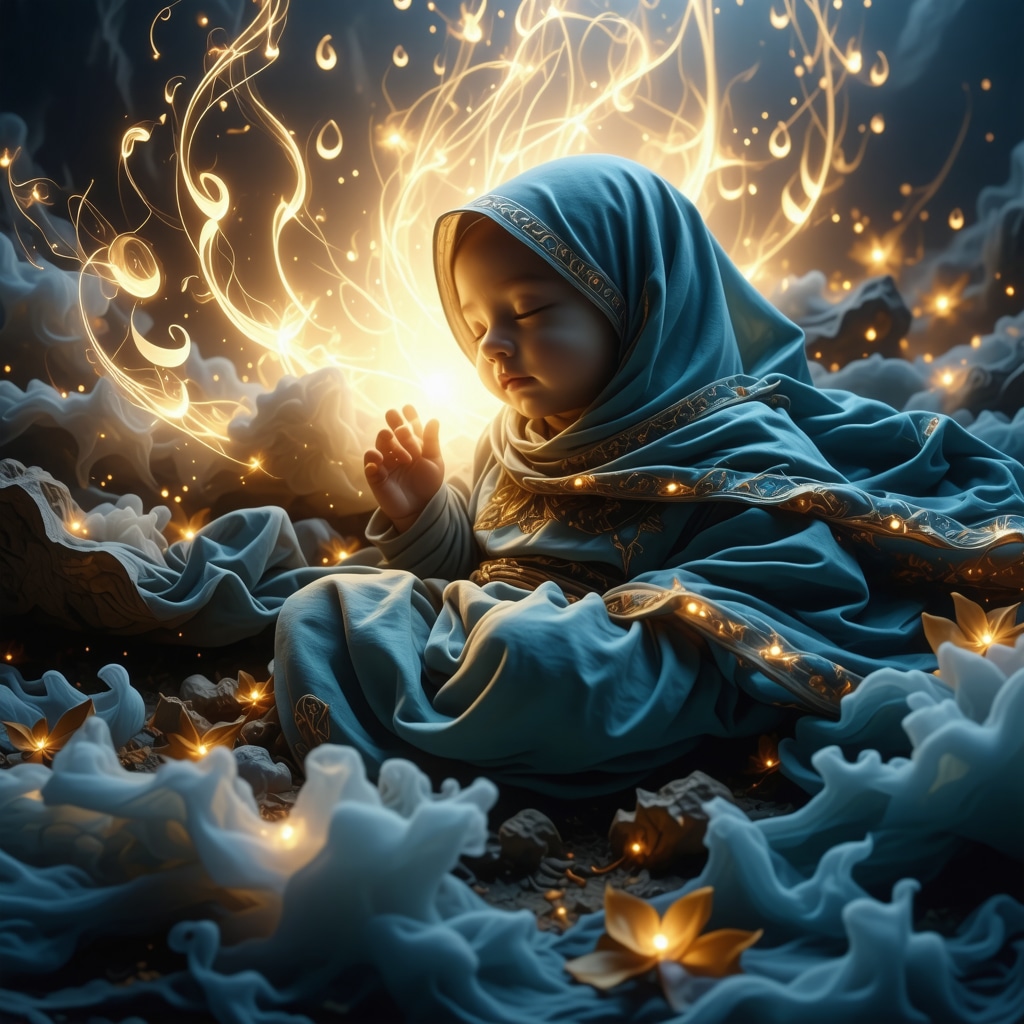 Symbolic Islamic digital art showing spiritual birth with light and calligraphy