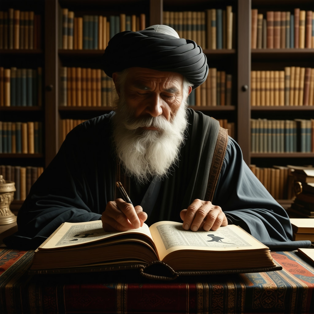 Islamic scholar studying dream interpretation manuscripts featuring a boy child symbol in a traditional library