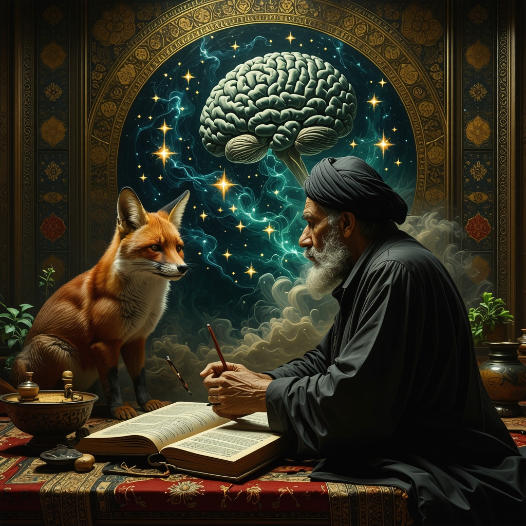 Islamic scholar analyzing a dream about a fox surrounded by symbolic and Quranic imagery