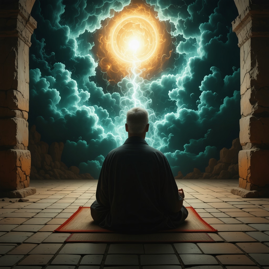 Islamic scholar in meditation surrounded by dream symbols including a prison cell and spiritual light