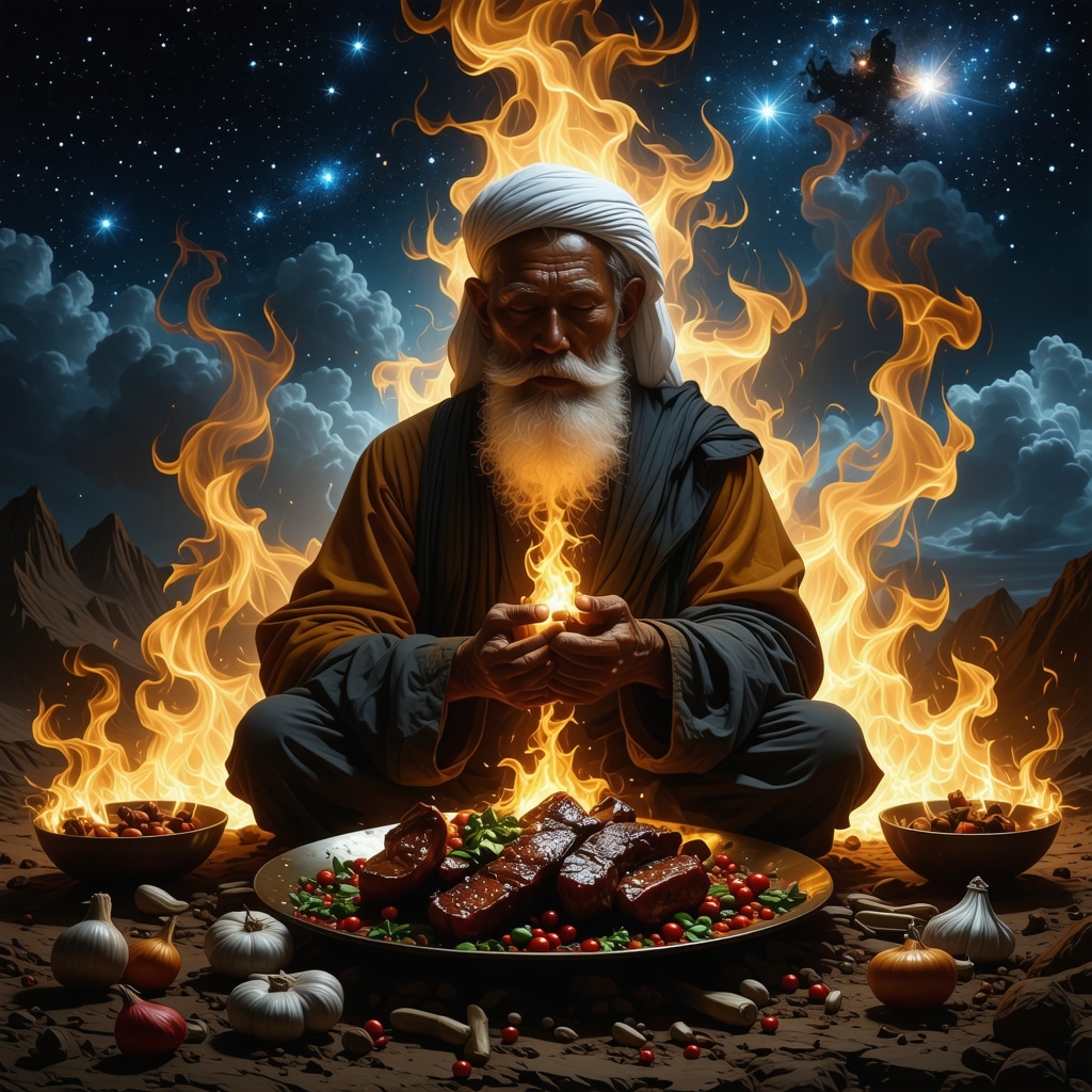 Illustration of an Islamic scholar meditating with symbolic roasted meat and spiritual flames representing purification and transformation