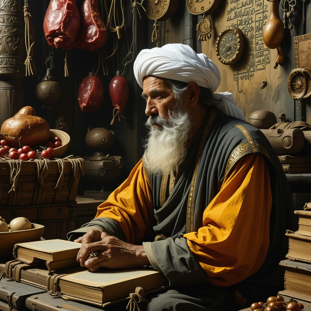 Islamic scholar in traditional attire studying dream symbolism with books and spiritual motifs
