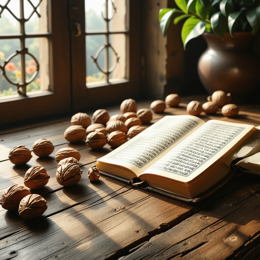 Islamic study area with Quran, walnuts, and dream journal representing spiritual insight