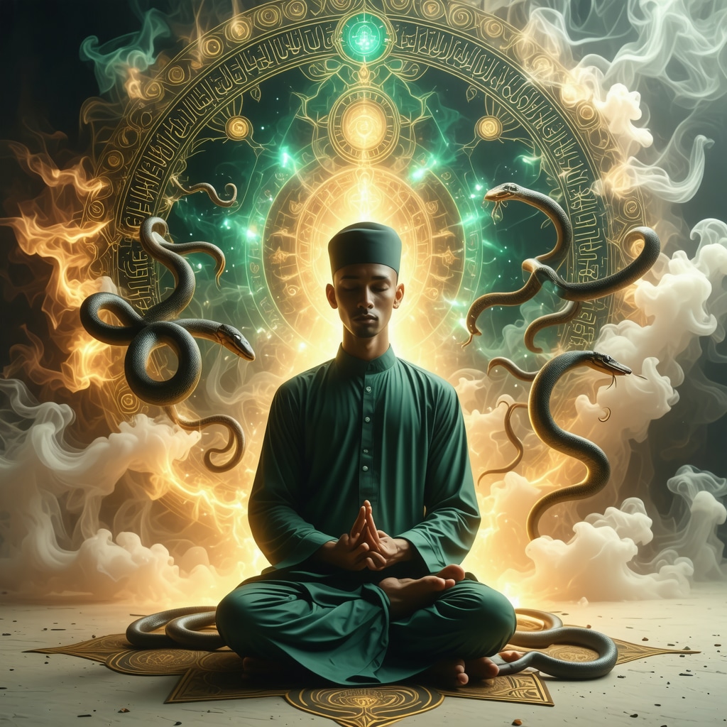Mystical Islamic dream interpretation with symbolic snakes and calligraphy