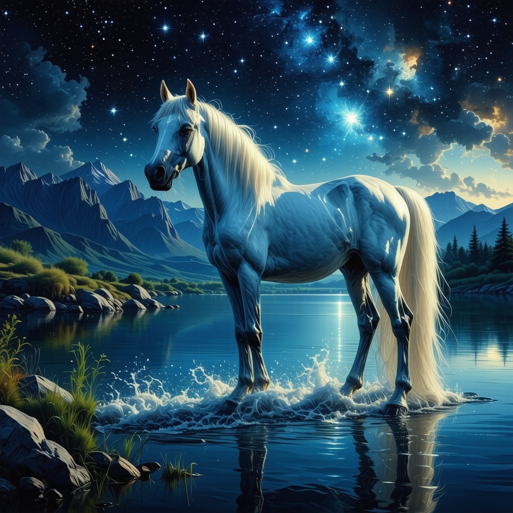 Illustration of a majestic horse beside a river at night symbolizing spiritual renewal