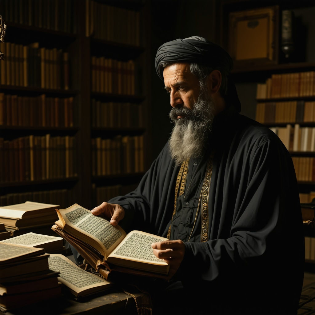 Muslim scholar reading Islamic manuscripts on dream interpretation in a traditional study