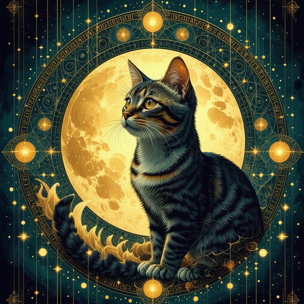 Illustration of a cat intertwined with Islamic geometric patterns and dream symbols