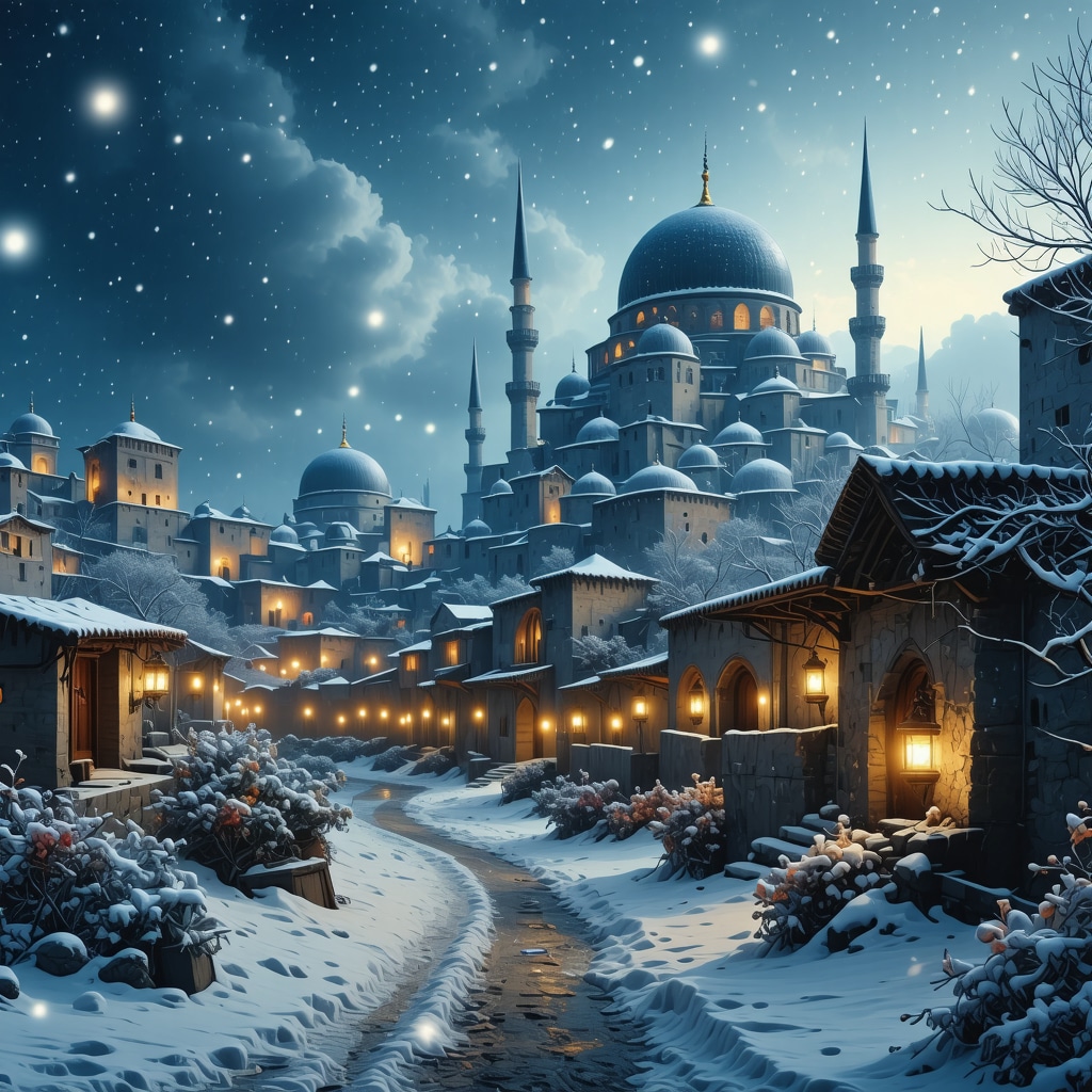 Snow gently falling over an ancient Islamic city at night, symbolizing spiritual purity and introspection