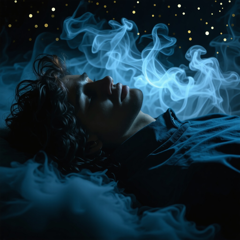 Person sleeping peacefully with ethereal figure of deceased father in dream-like mist symbolizing spiritual guidance