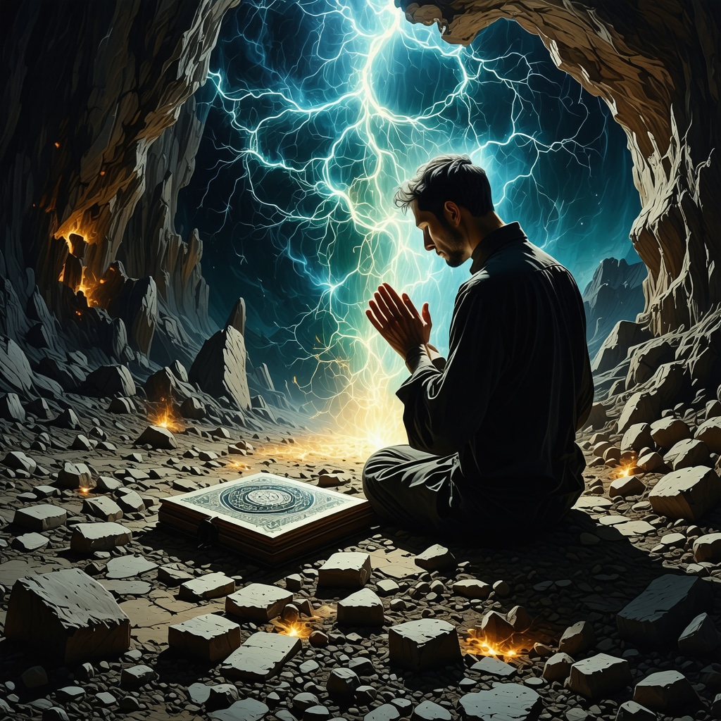 Person praying with symbolic trembling earth and Quran representing Islamic dream interpretation