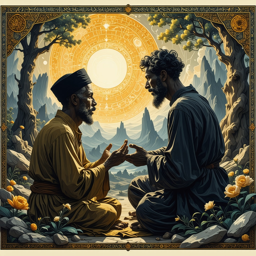 Symbolic dreamscape with deceased father and Islamic mystical elements